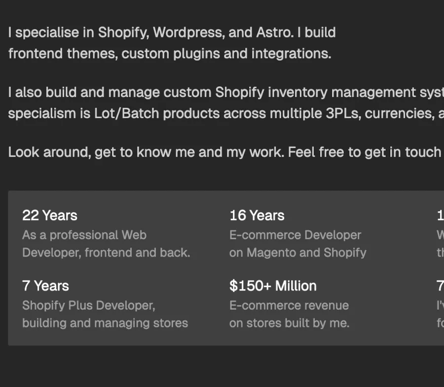 Shopify stats section