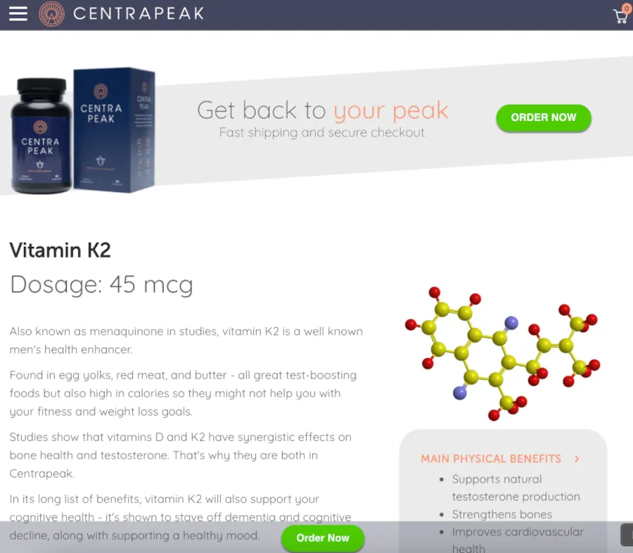 Ingredients page, in tablet view