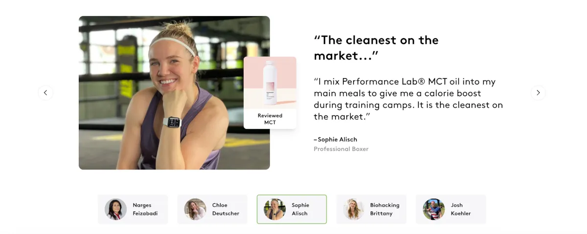 Influencer testimonials with tabbed switcher